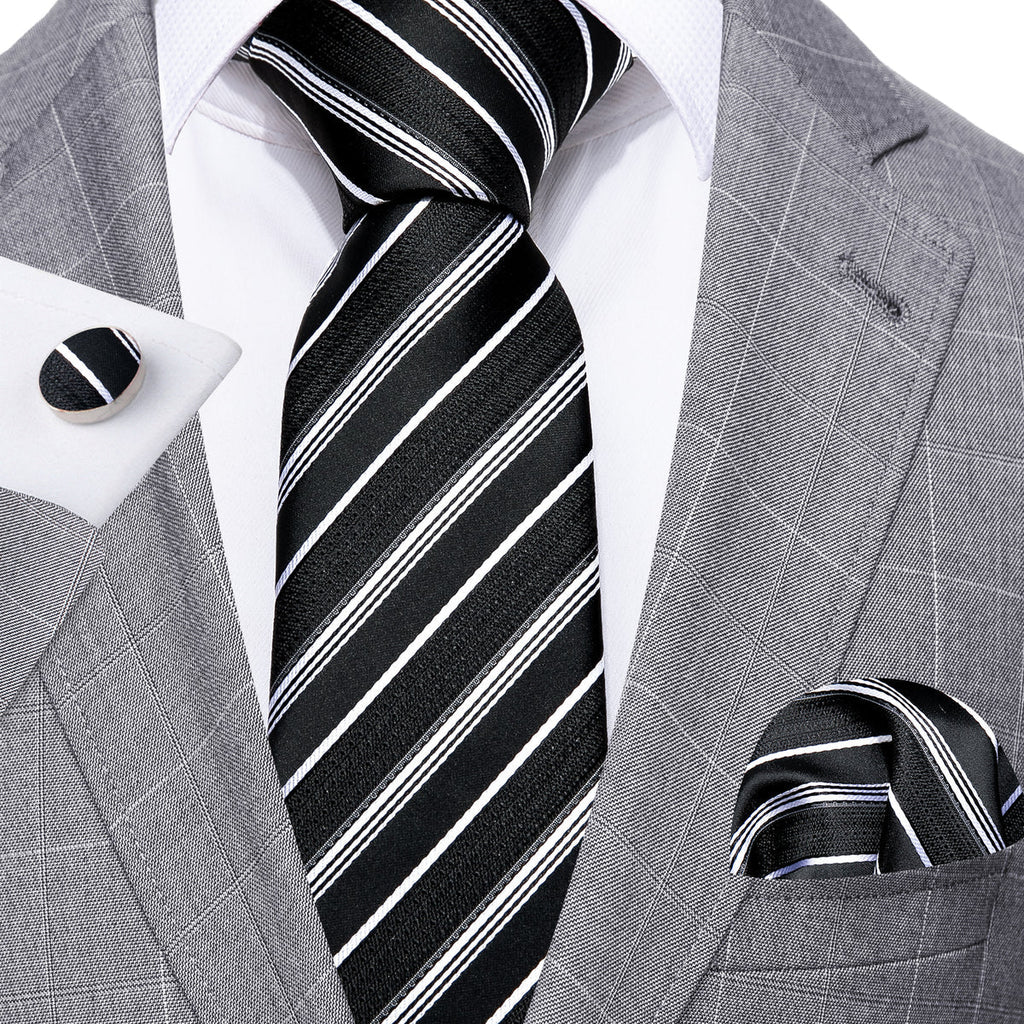Black White Striped Paisley Silk Tie Set - GentCrest - View 2