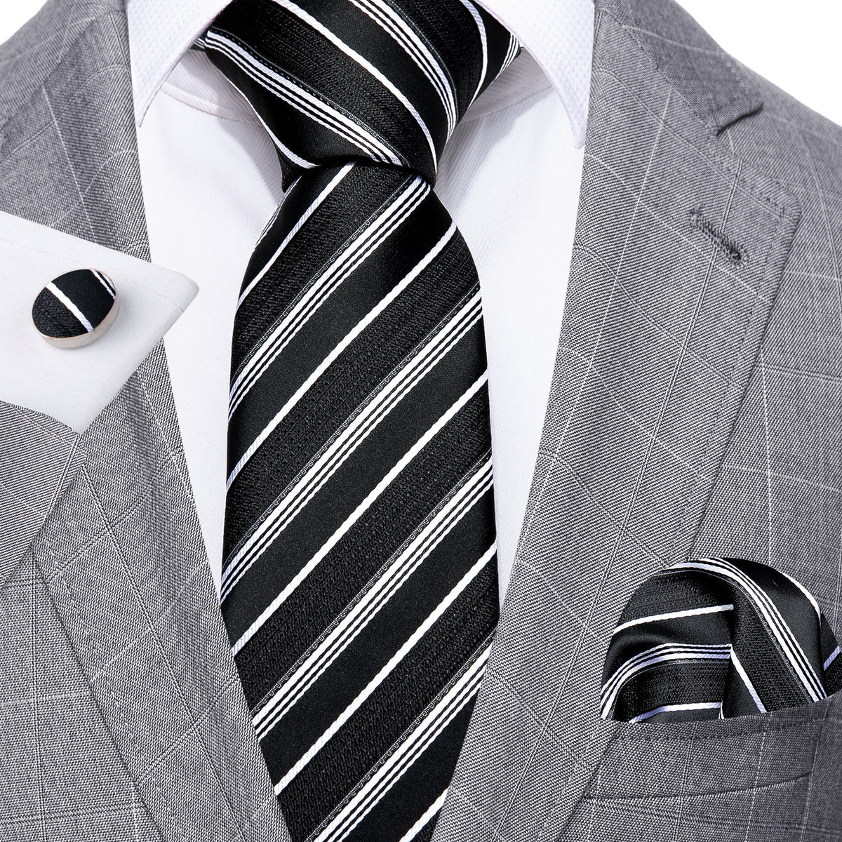 Black White Striped Paisley Silk Tie Set - GentCrest - View 2