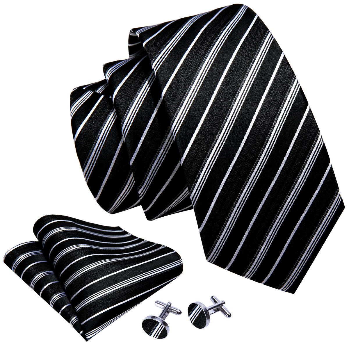 Black White Striped Paisley Silk Tie Set - GentCrest - View 4