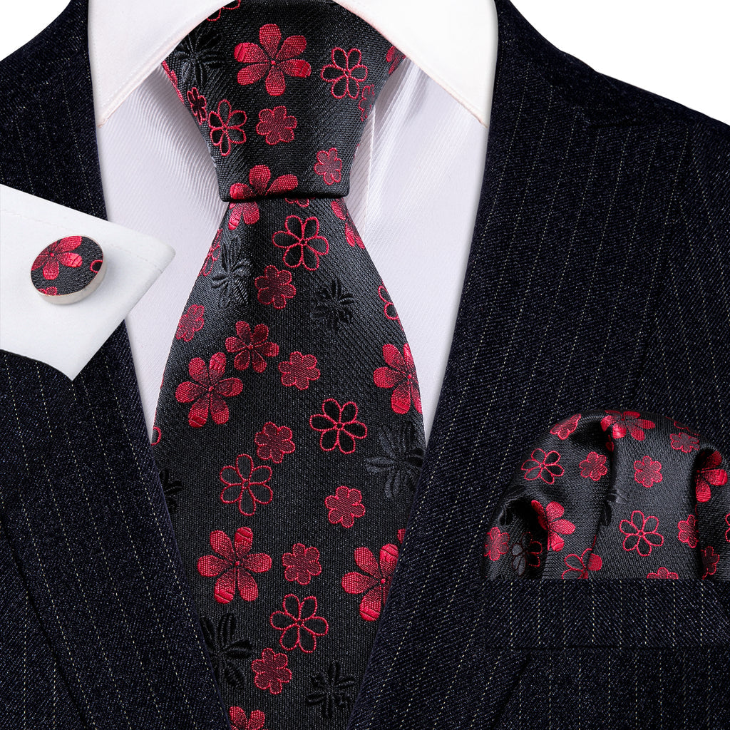 Black Red Flower Silk Tie Set - GentCrest - View 2