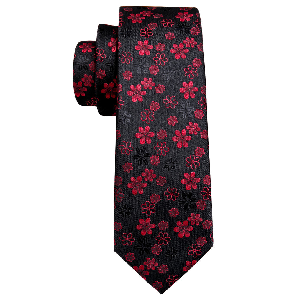 Black Red Flower Silk Tie Set - GentCrest - View 6