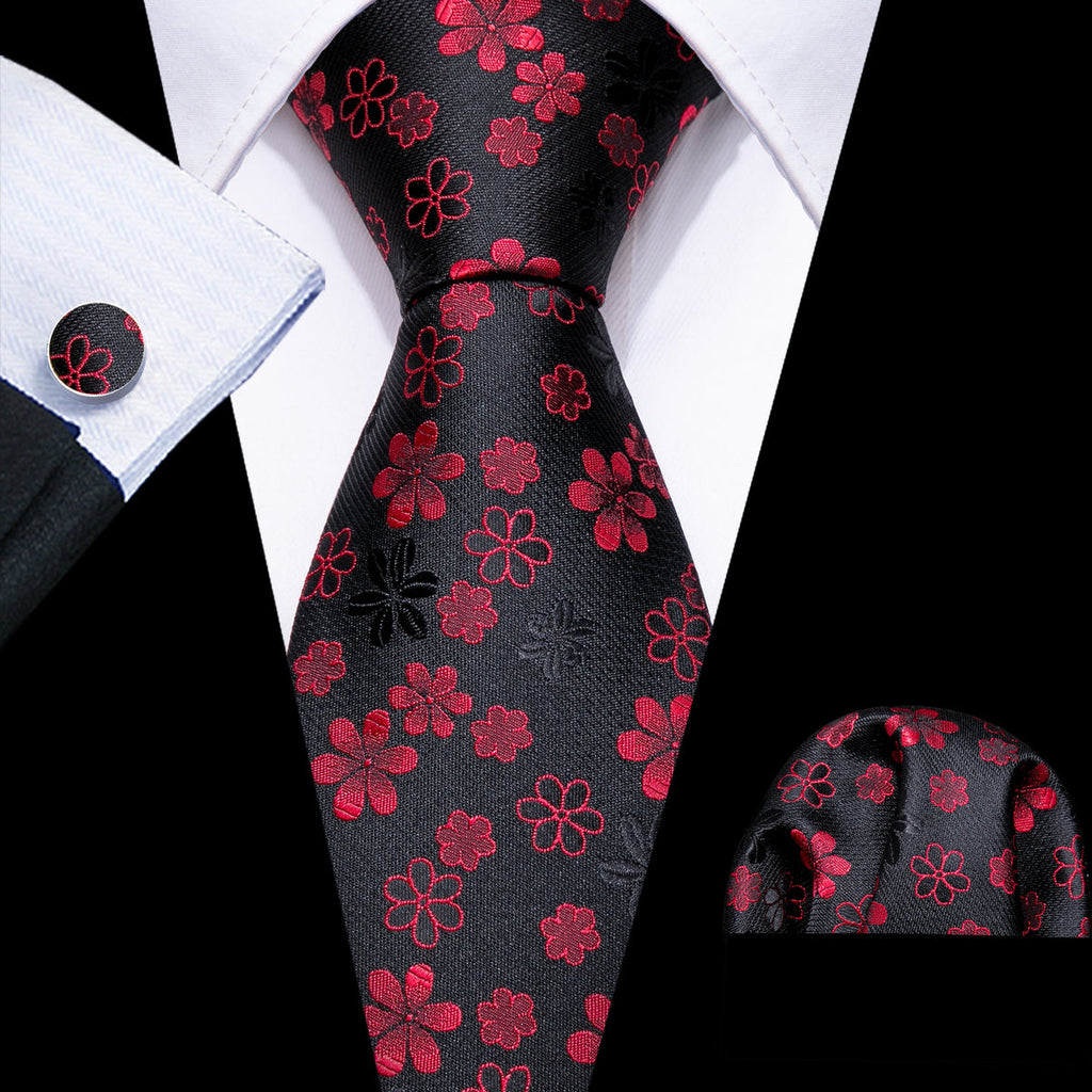 Black Red Flower Silk Tie Set - GentCrest