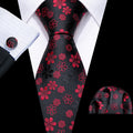 Black Red Flower Silk Tie Set - GentCrest