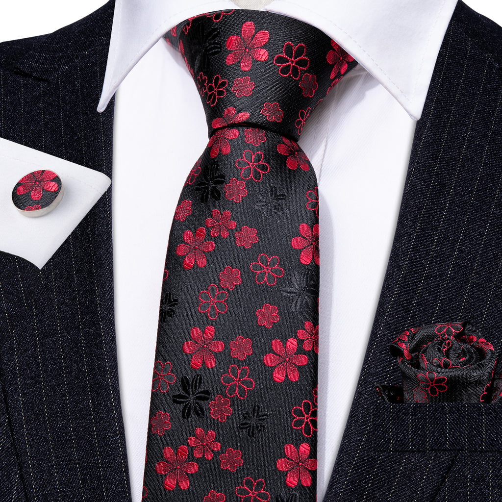 Black Red Flower Silk Tie Set - GentCrest - View 4