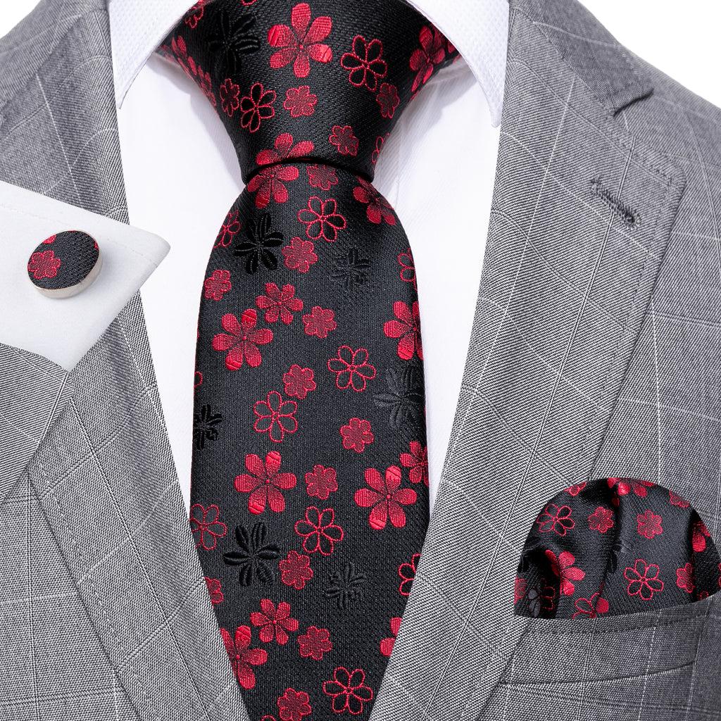 Black Red Flower Silk Tie Set - GentCrest - View 3