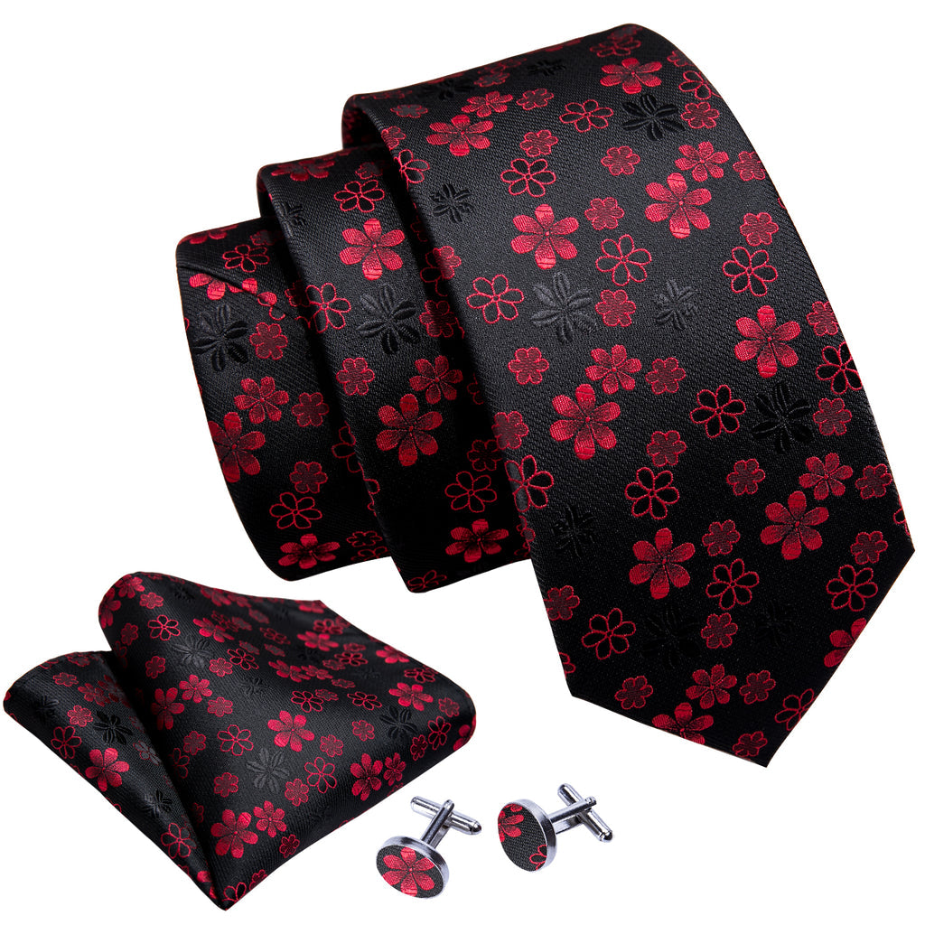 Black Red Flower Silk Tie Set - GentCrest - View 5