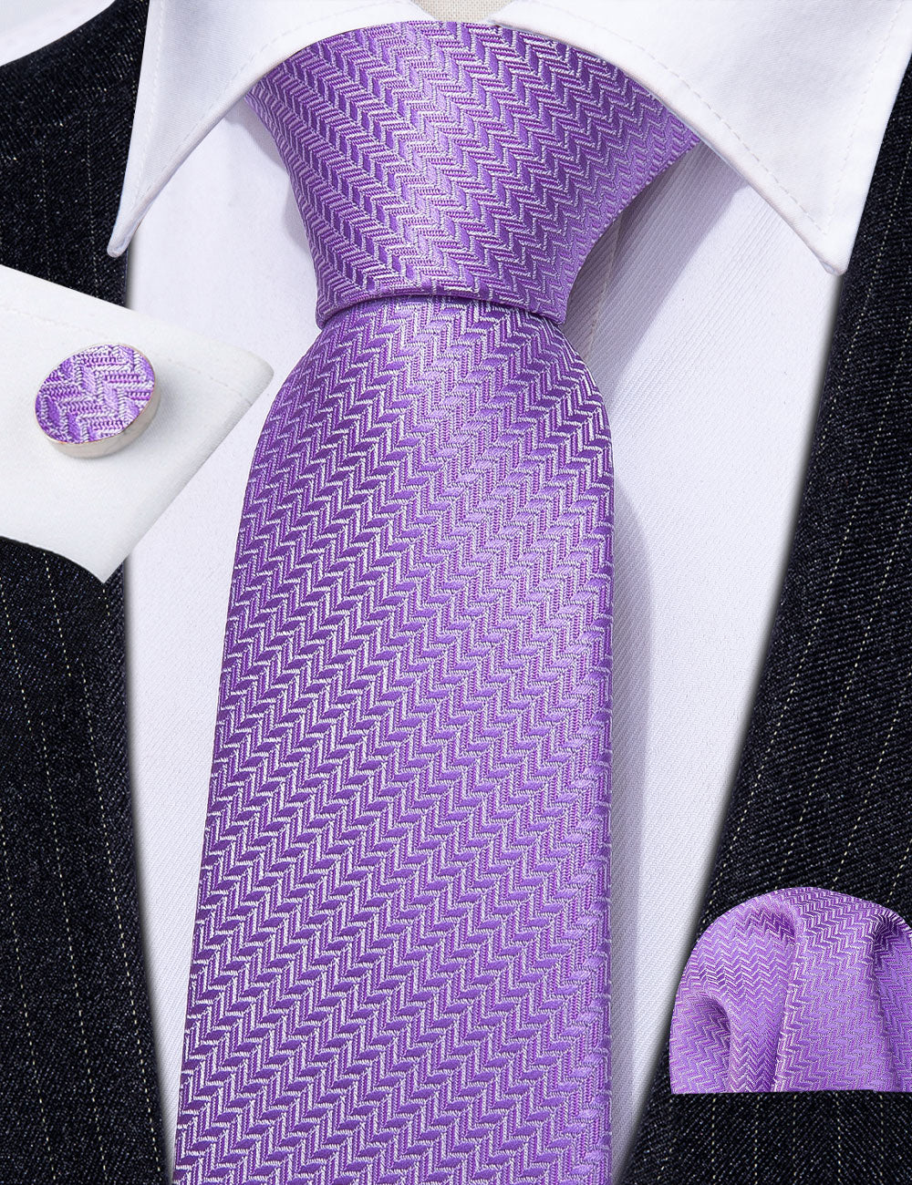 Purple Striped Woven Silk Tie Set - GentCrest - View 3