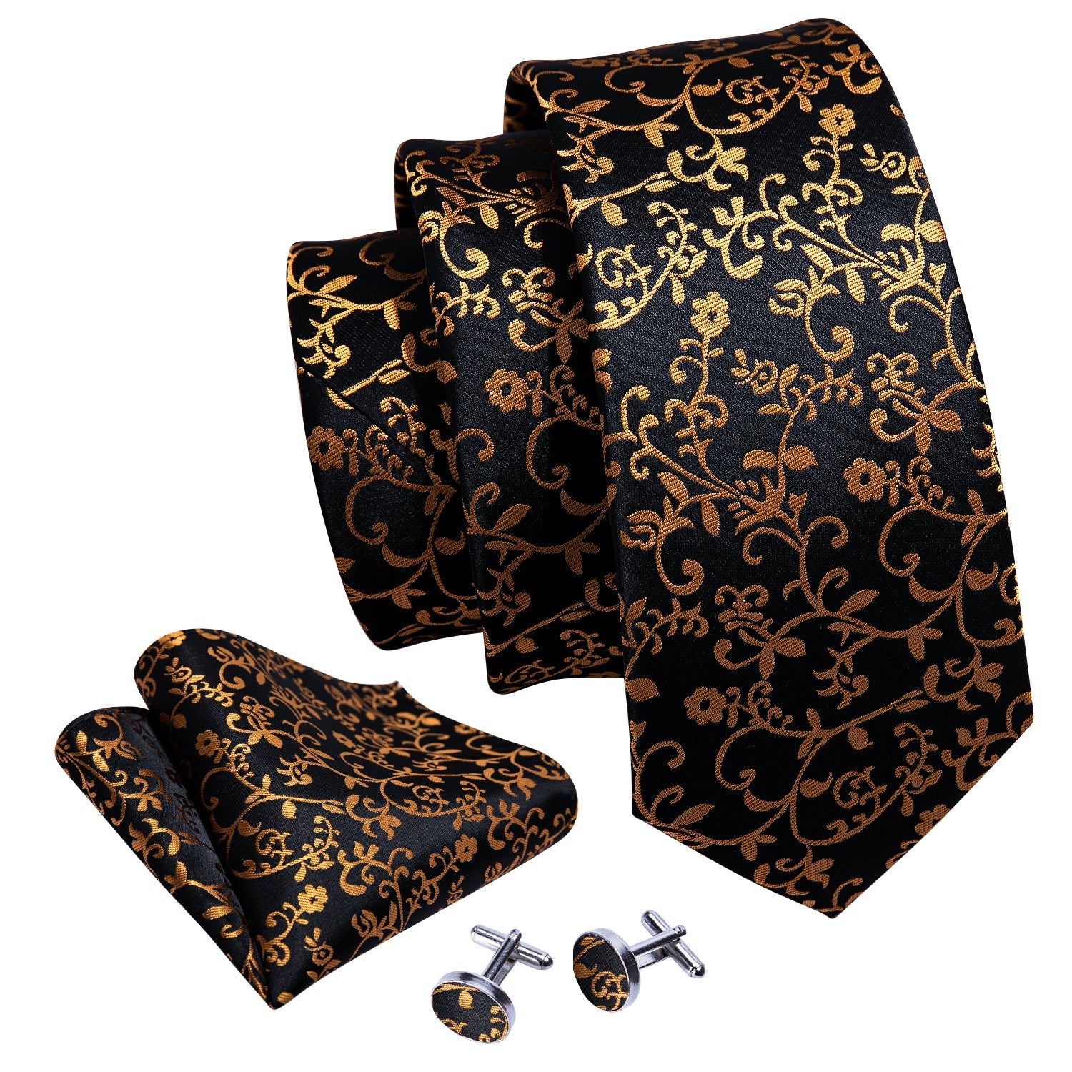 GentCrest Black Floral Tie Hanky Cufflinks Set - Image 6