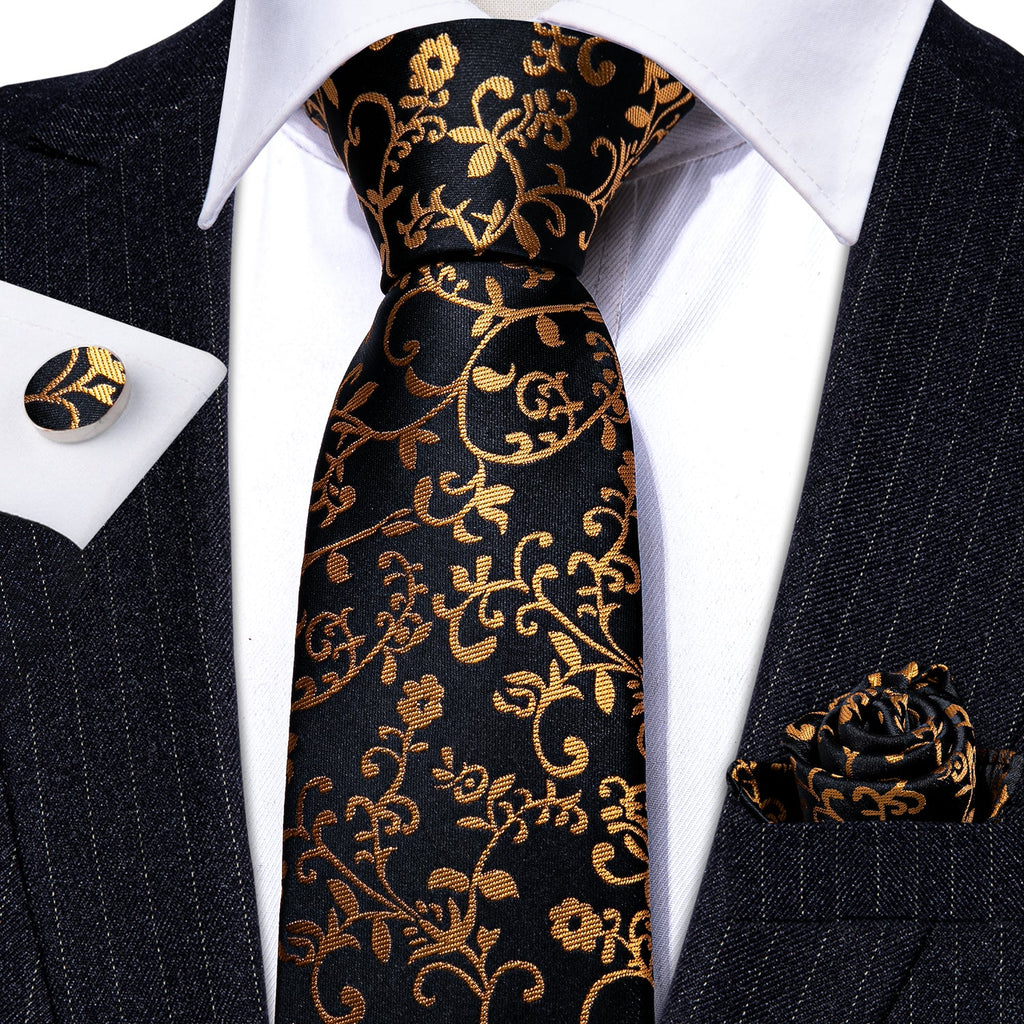 GentCrest Black Floral Tie Hanky Cufflinks Set - Image 3