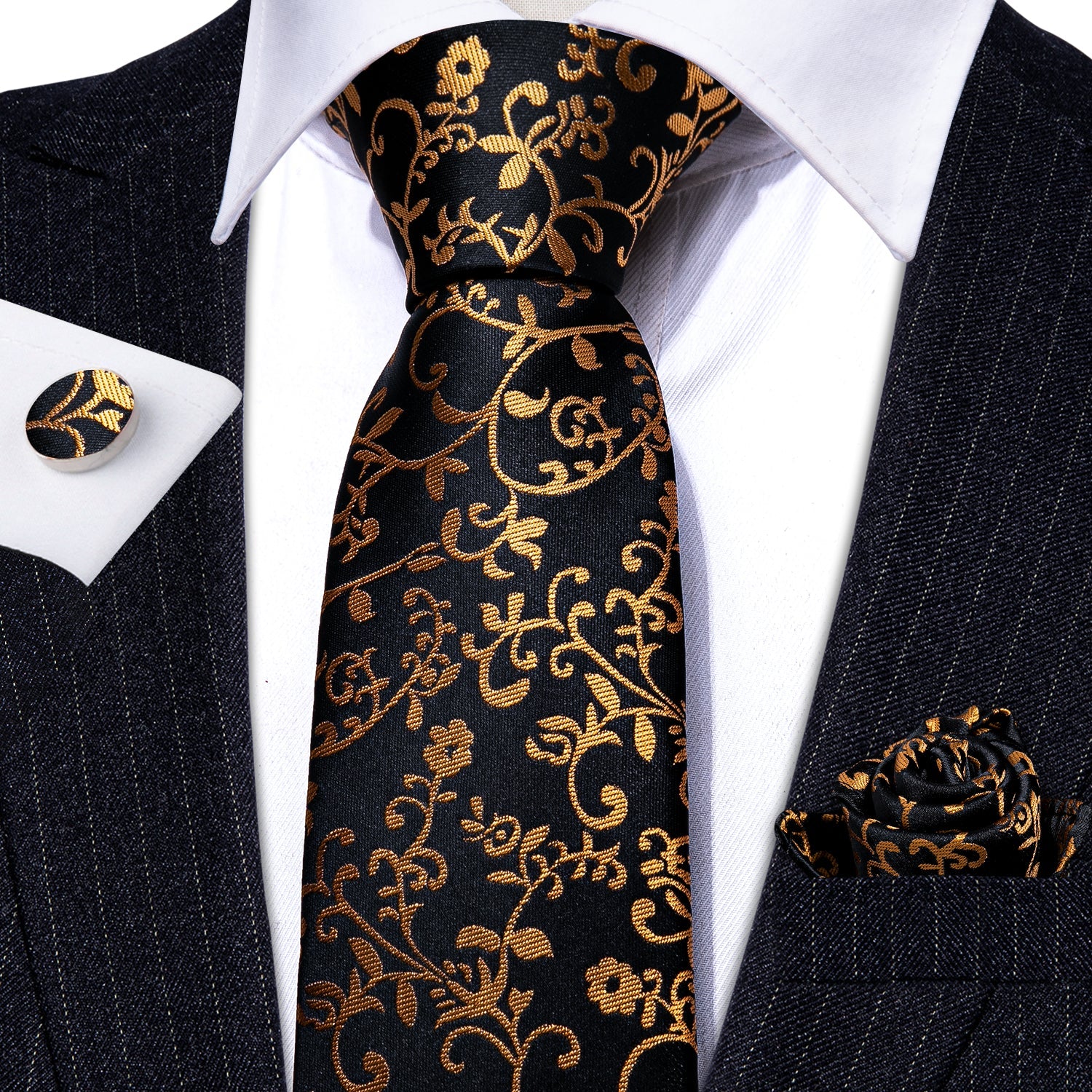 GentCrest Black Floral Tie Hanky Cufflinks Set - Image 3
