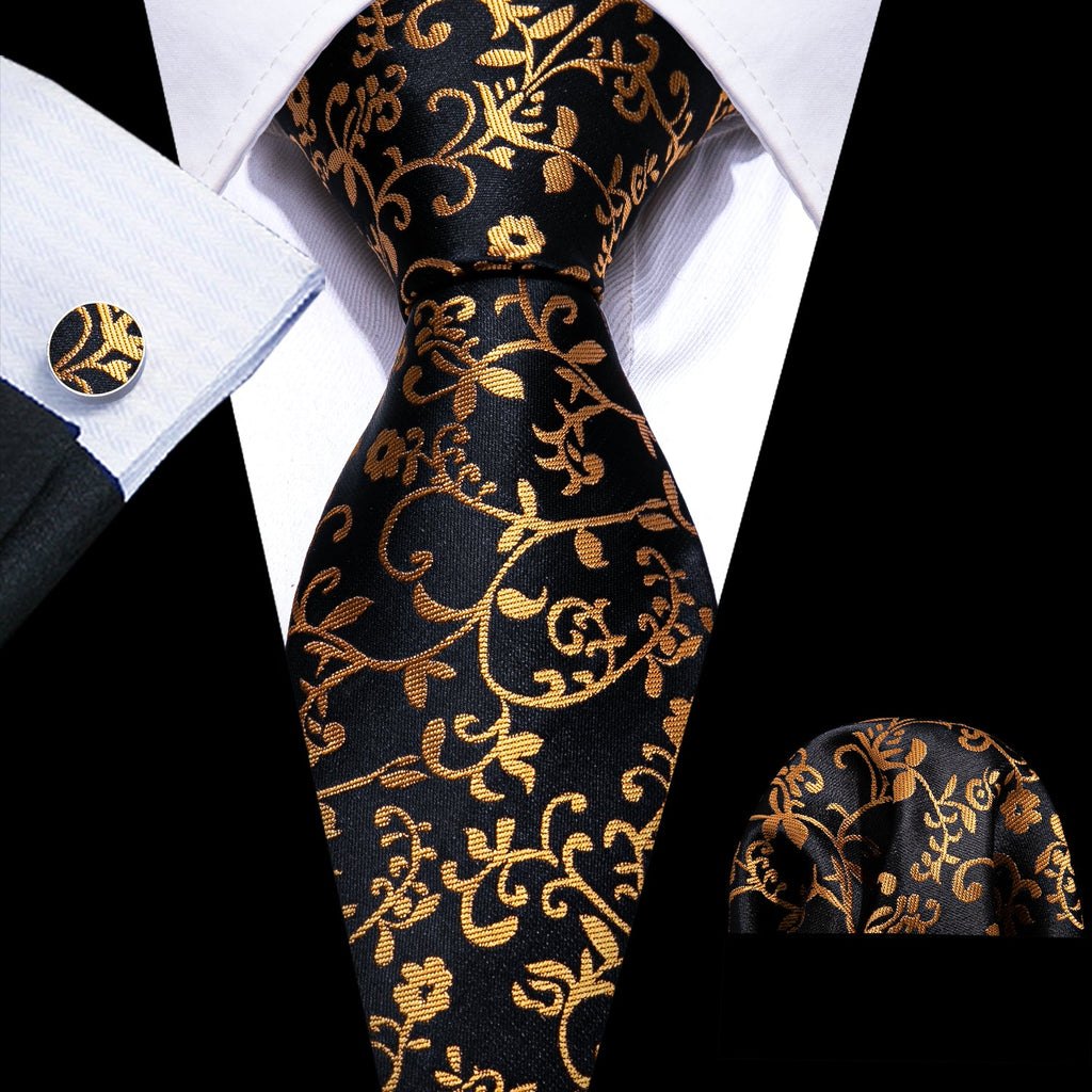GentCrest Black Floral Tie Hanky Cufflinks Set - Image 1