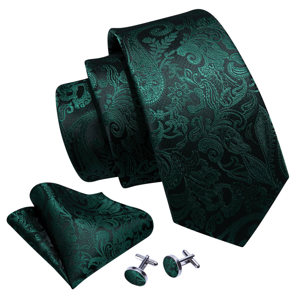 Elegant Dark Green Paisley Silk with Pocket Square and Cufflinks Silk Tie Set - GentCrest - View 5