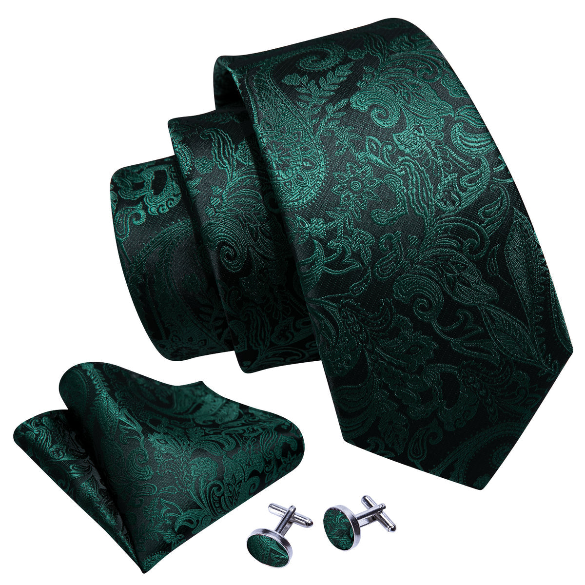 Elegant Dark Green Paisley Silk with Pocket Square and Cufflinks Silk Tie Set - GentCrest - View 5