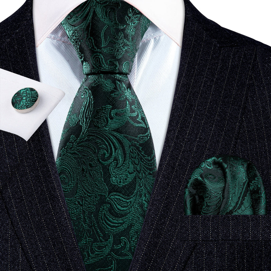 Elegant Dark Green Paisley Silk with Pocket Square and Cufflinks Silk Tie Set - GentCrest - View 2
