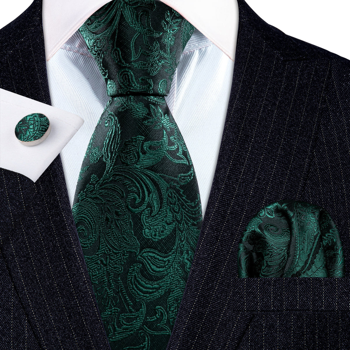 Elegant Dark Green Paisley Silk with Pocket Square and Cufflinks Silk Tie Set - GentCrest - View 2