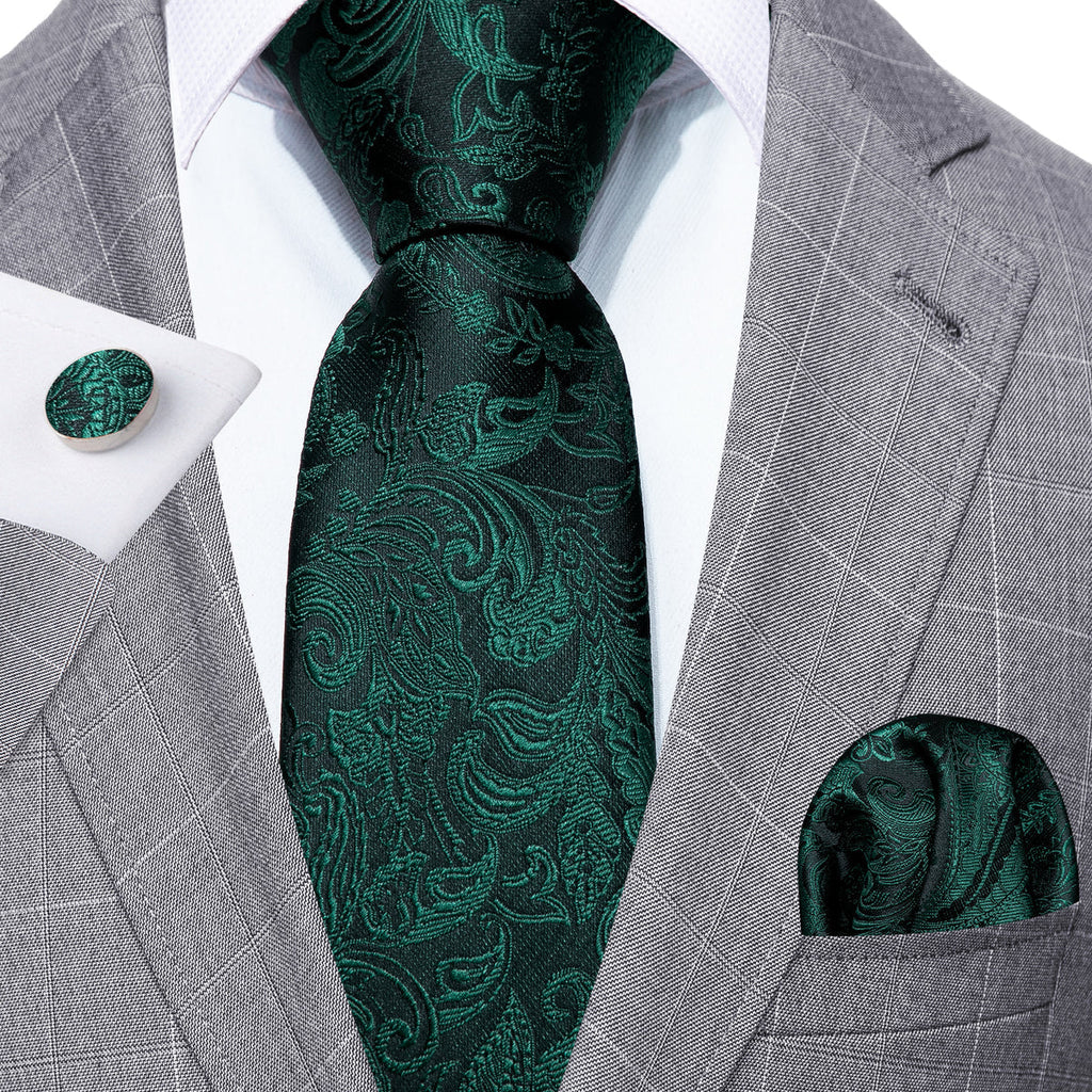 Elegant Dark Green Paisley Silk with Pocket Square and Cufflinks Silk Tie Set - GentCrest - View 3