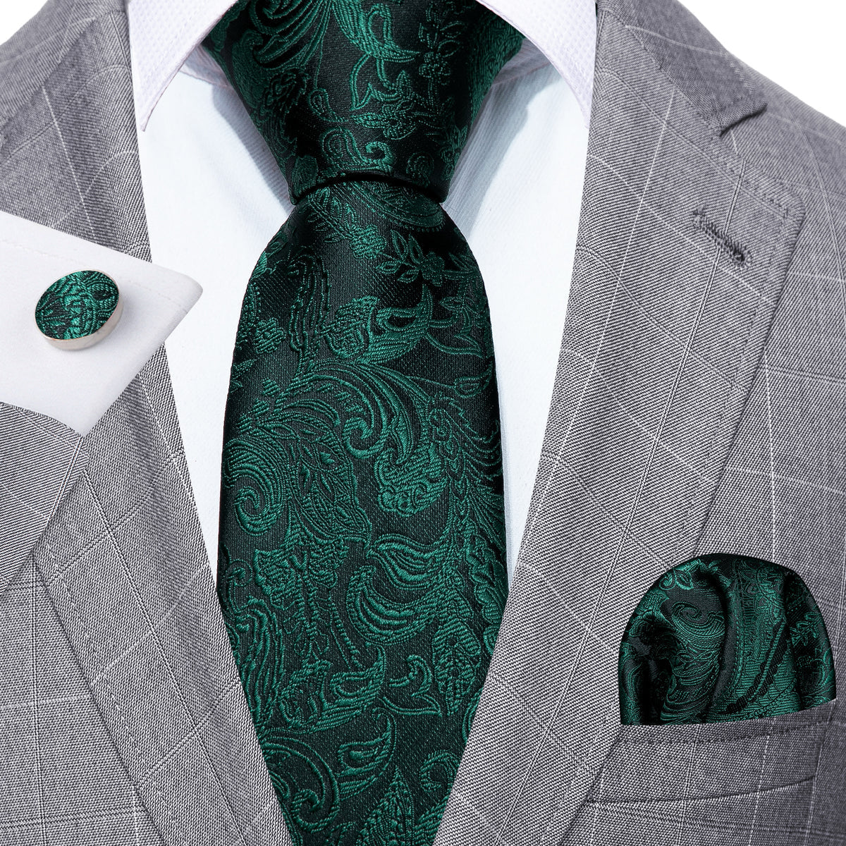 Elegant Dark Green Paisley Silk with Pocket Square and Cufflinks Silk Tie Set - GentCrest - View 3