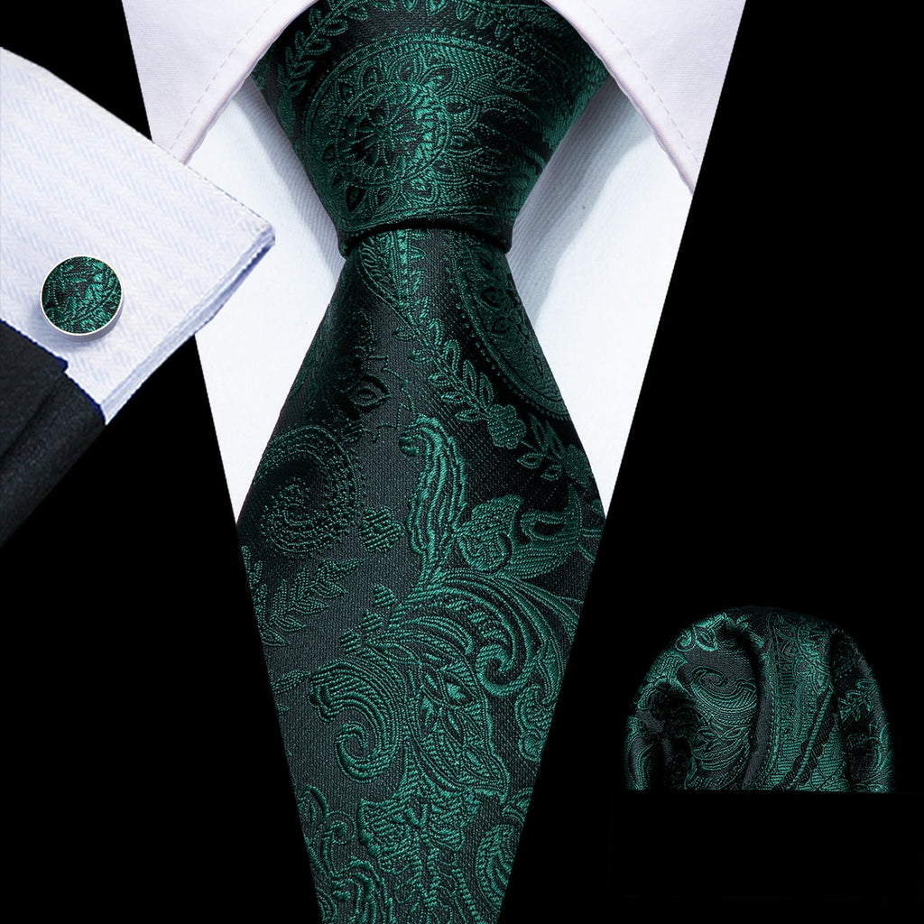 Elegant Dark Green Paisley Silk with Pocket Square and Cufflinks Silk Tie Set - GentCrest
