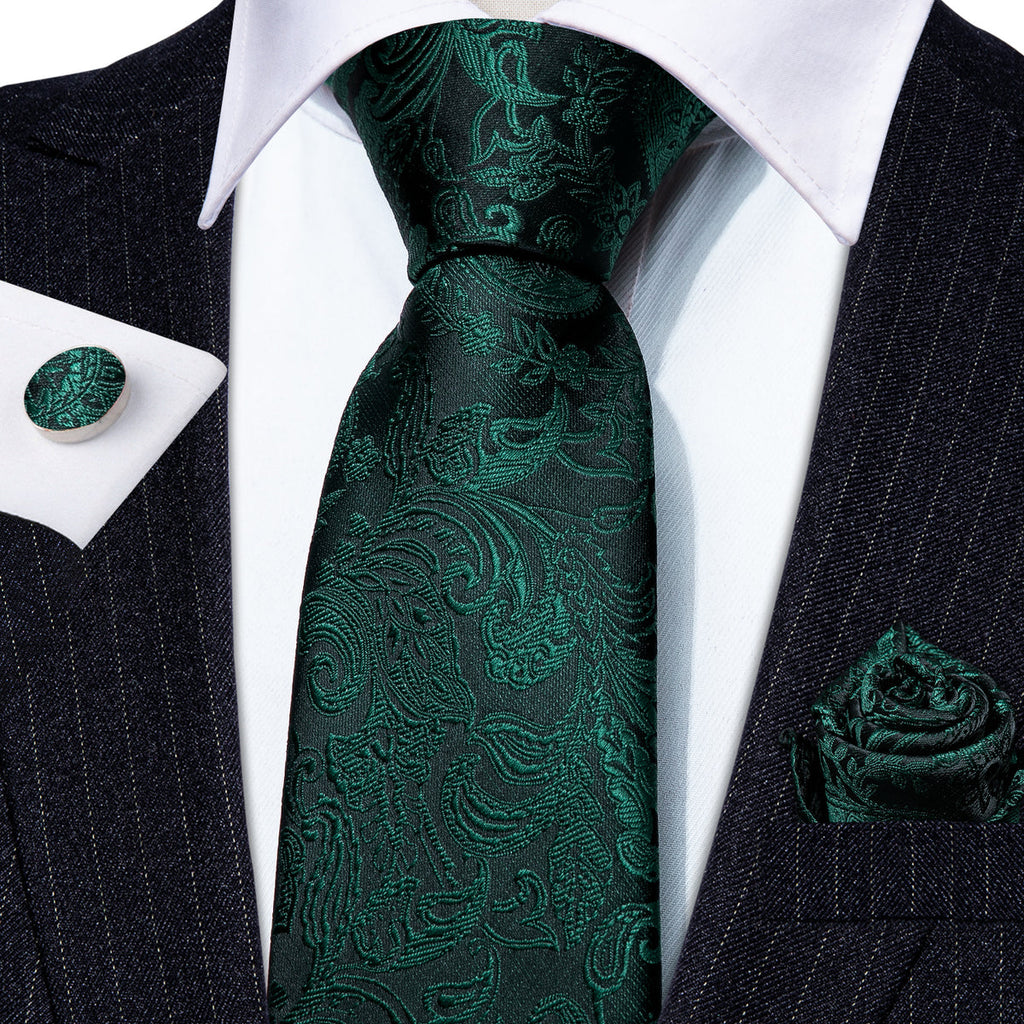 Elegant Dark Green Paisley Silk with Pocket Square and Cufflinks Silk Tie Set - GentCrest - View 4