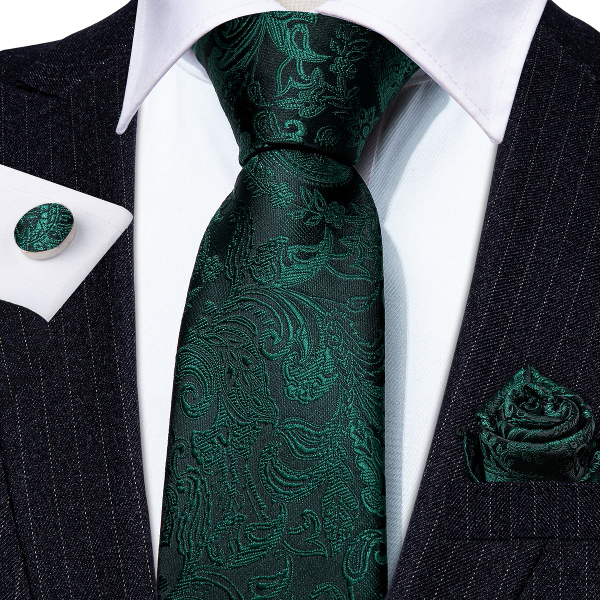 Elegant Dark Green Paisley Silk with Pocket Square and Cufflinks Silk Tie Set - GentCrest - View 4