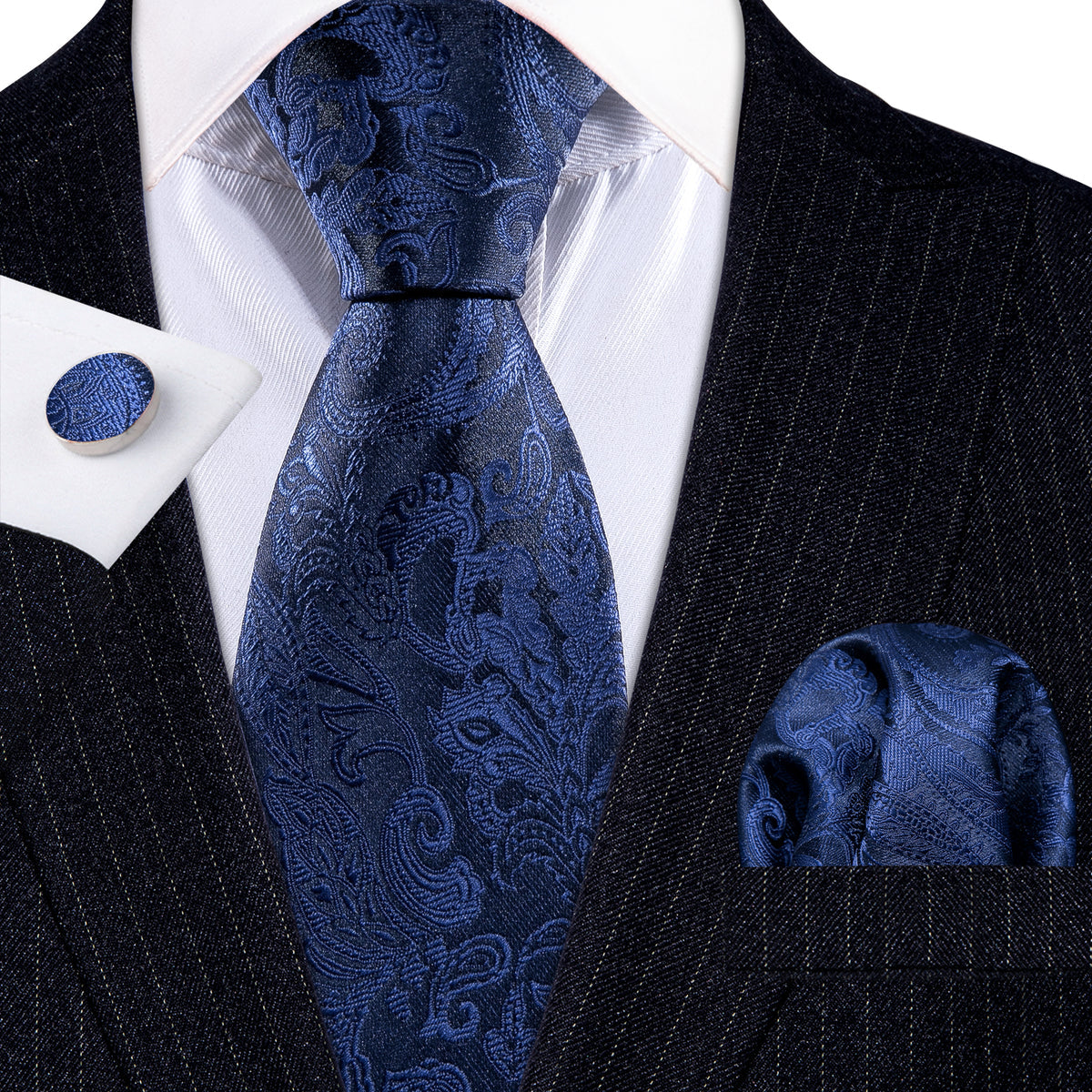 Navy Floral Silk Tie, Pocket Square, and Cufflinks Silk Tie Set - GentCrest - View 2