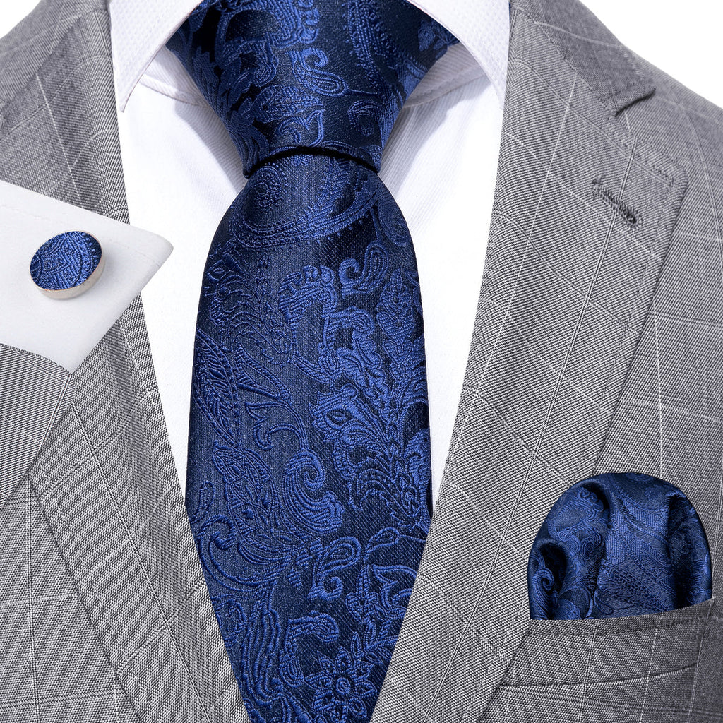 Navy Floral Silk Tie, Pocket Square, and Cufflinks Silk Tie Set - GentCrest - View 3