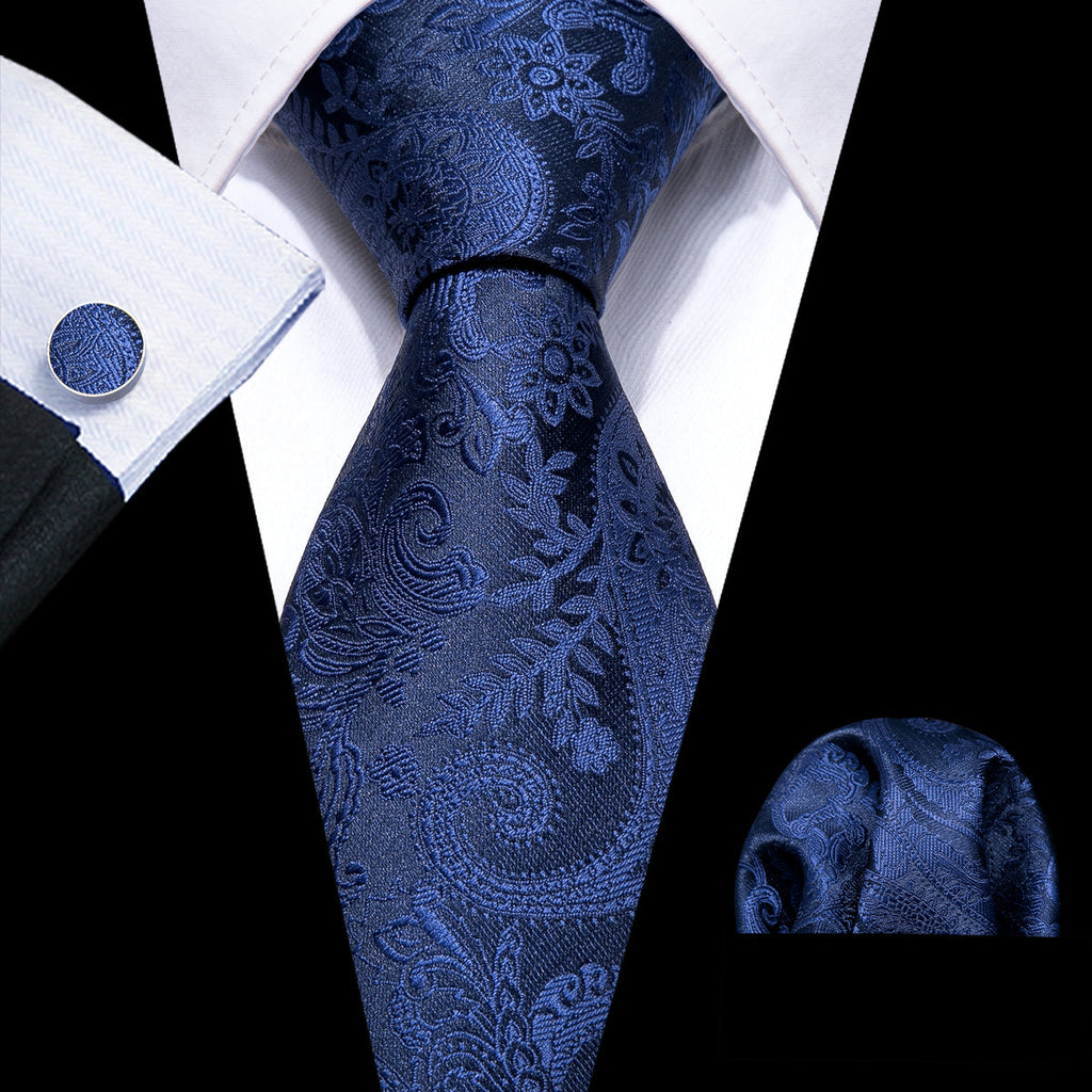 Navy Floral Silk Tie, Pocket Square, and Cufflinks Silk Tie Set - GentCrest