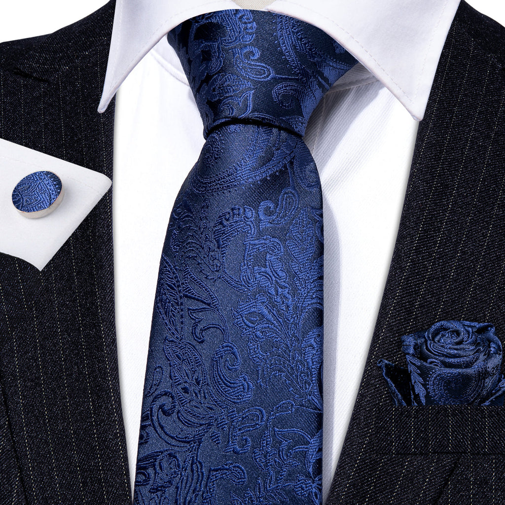 Navy Floral Silk Tie, Pocket Square, and Cufflinks Silk Tie Set - GentCrest - View 4