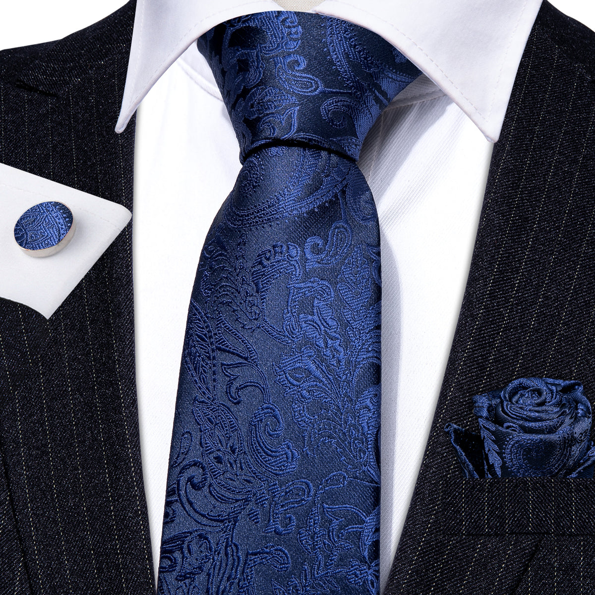Navy Floral Silk Tie, Pocket Square, and Cufflinks Silk Tie Set - GentCrest - View 4
