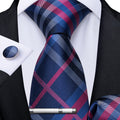4PCS Classic Deep Blue Pink Plaid Tie Hanky Tie Clips Cufflinks Set