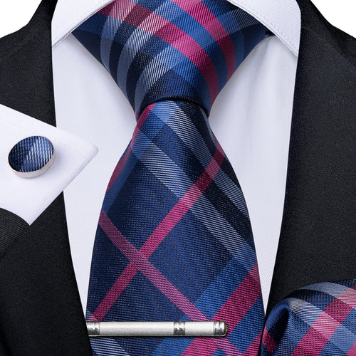 4PCS Classic Deep Blue Pink Plaid Tie Hanky Tie Clips Cufflinks Set