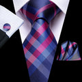GentCrest Mens Plaid Necktie Navy Blue Pink Formal Tie Hanky Cufflinks Set