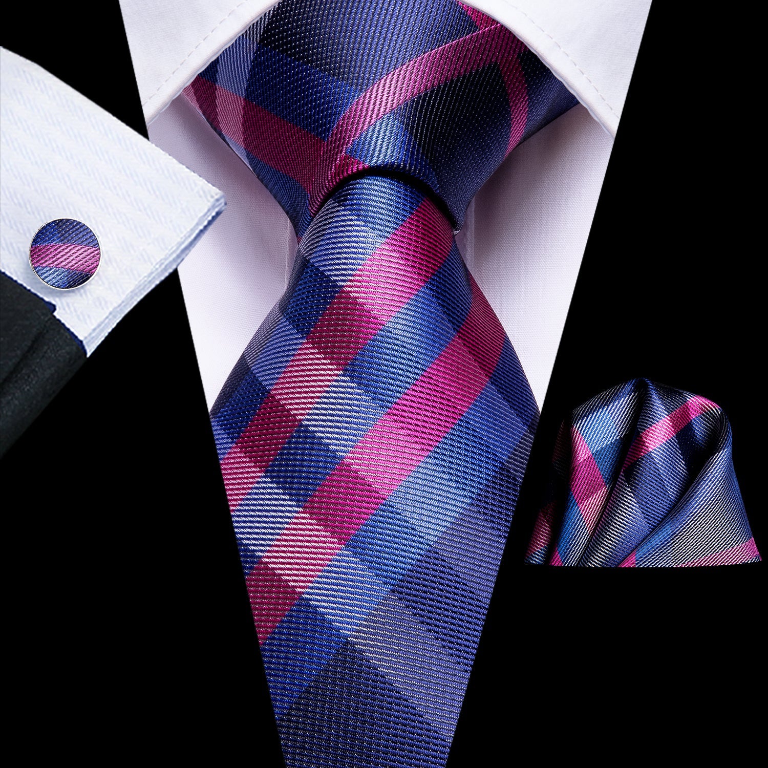 GentCrest Mens Plaid Necktie Navy Blue Pink Formal Tie Hanky Cufflinks Set