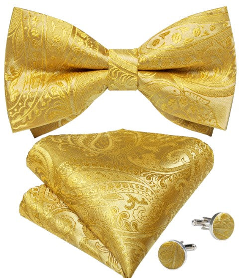 Gold & Golden Paisley Silk Bow Tie Set with Pocket Square & Cufflinks - GentCrest - View 2