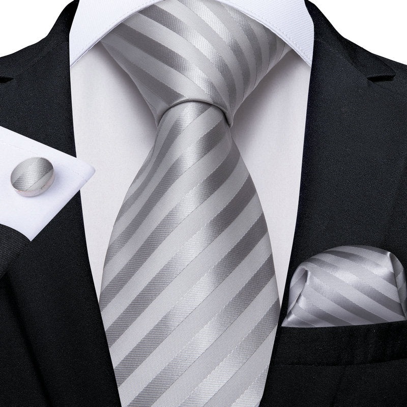 GentCrest Silver Striped Tie Hanky Cufflinks Set - Image 1