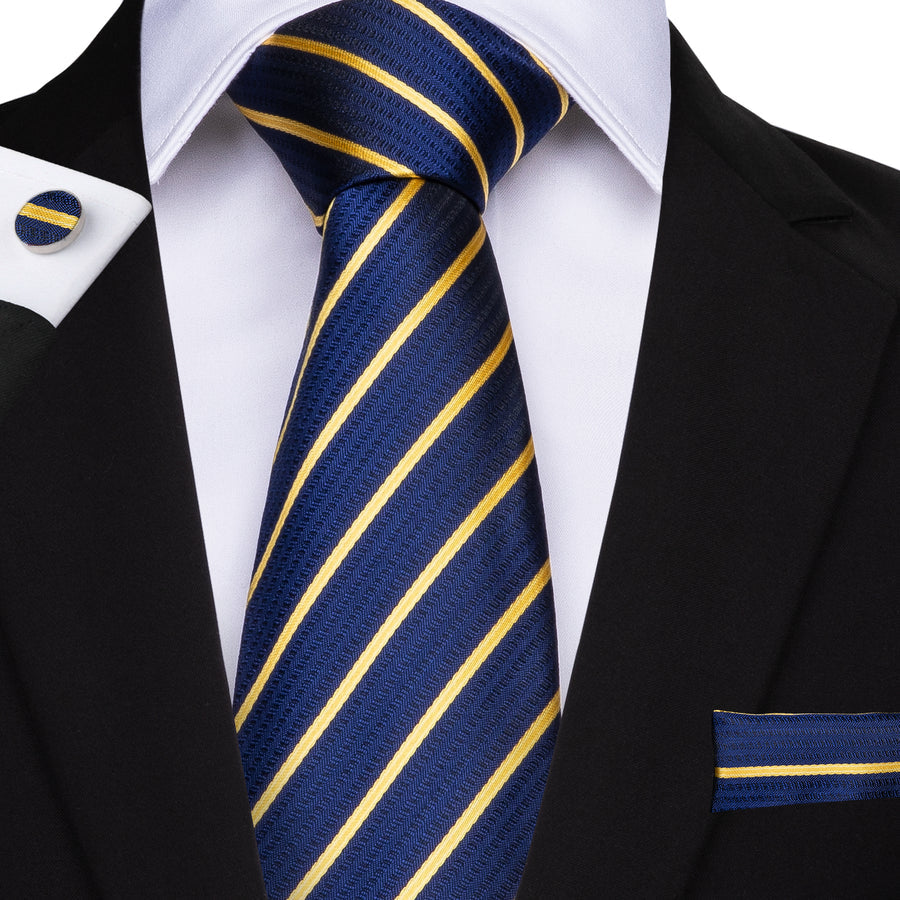 Classic Blue and Gold Striped XL Silk Tie Set - GentCrest