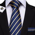 Classic Blue and Gold Striped XL Silk Tie Set - GentCrest