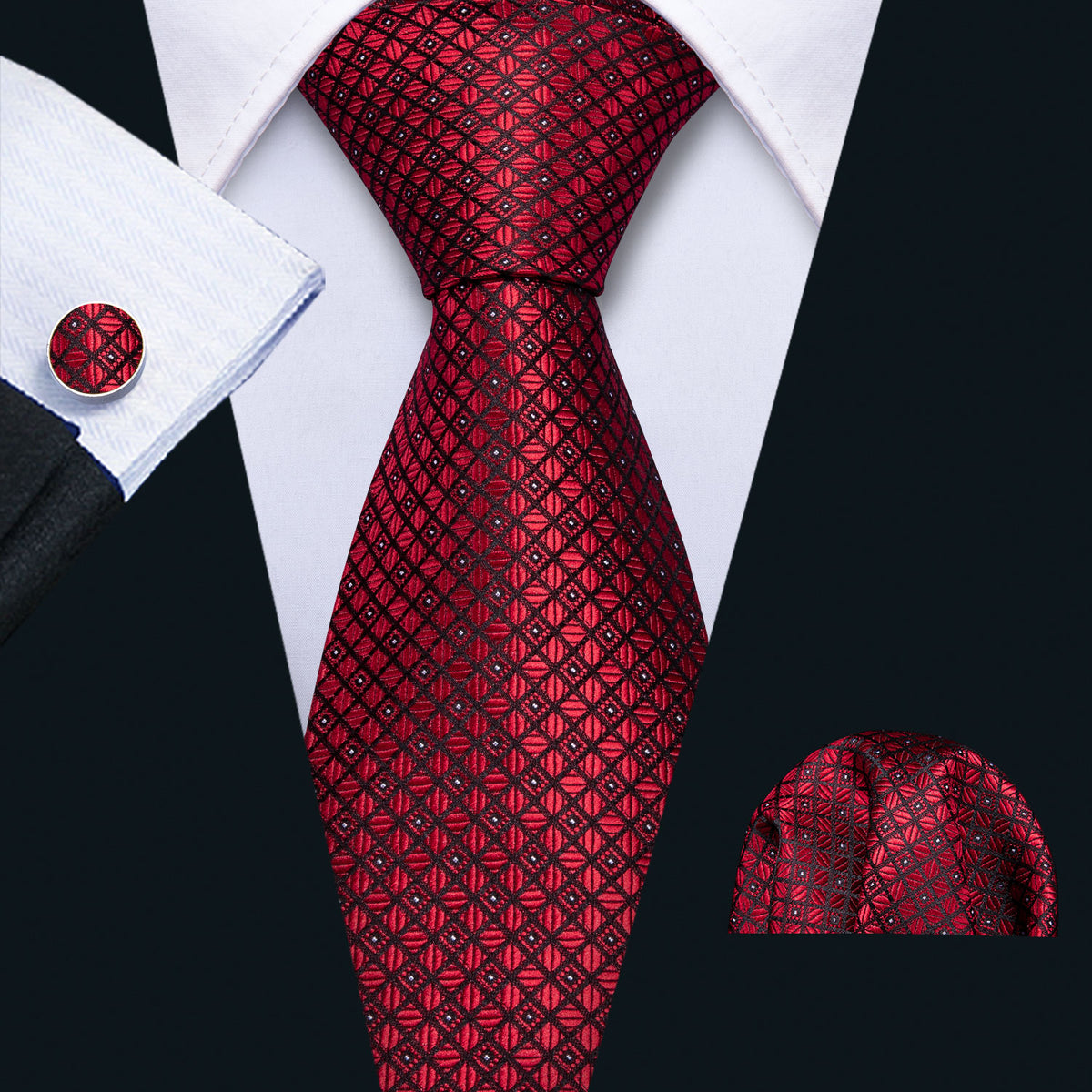 Black Red Plaid Silk Tie Set - GentCrest