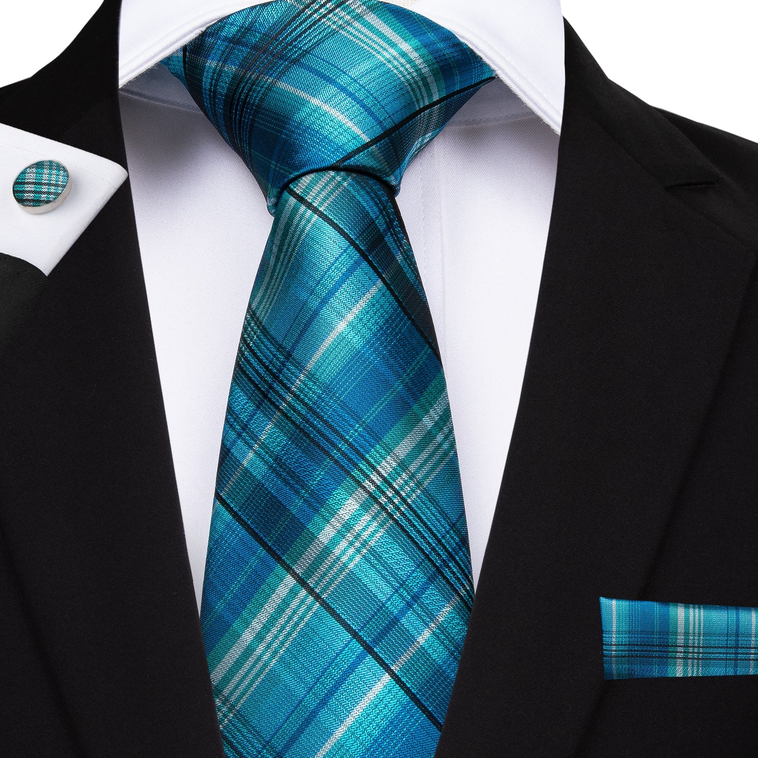 GentCrest Blue Plaid Tie Hanky Cufflinks Set - Image 1