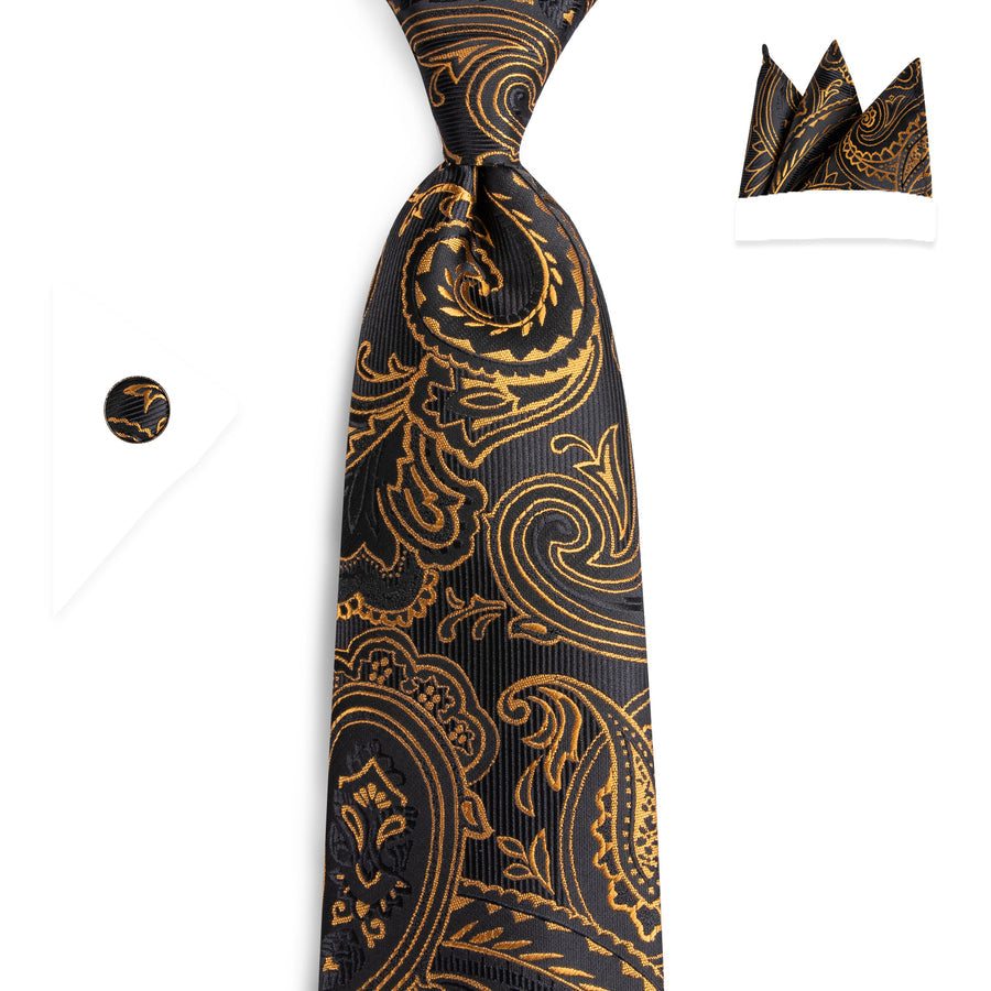 Black and Gold Paisley Silk XL Silk Tie Set - GentCrest - View 5