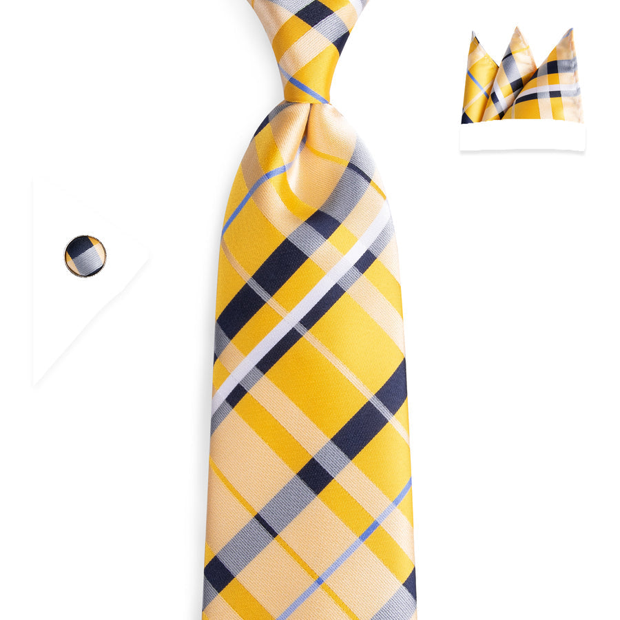 Yellow and Blue Striped Silk XL Silk Tie Set - GentCrest - View 4