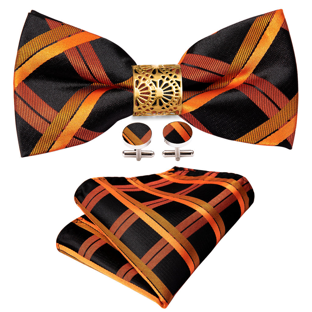 Black Orange Plaid Bow Tie Set - GentCrest - View 3