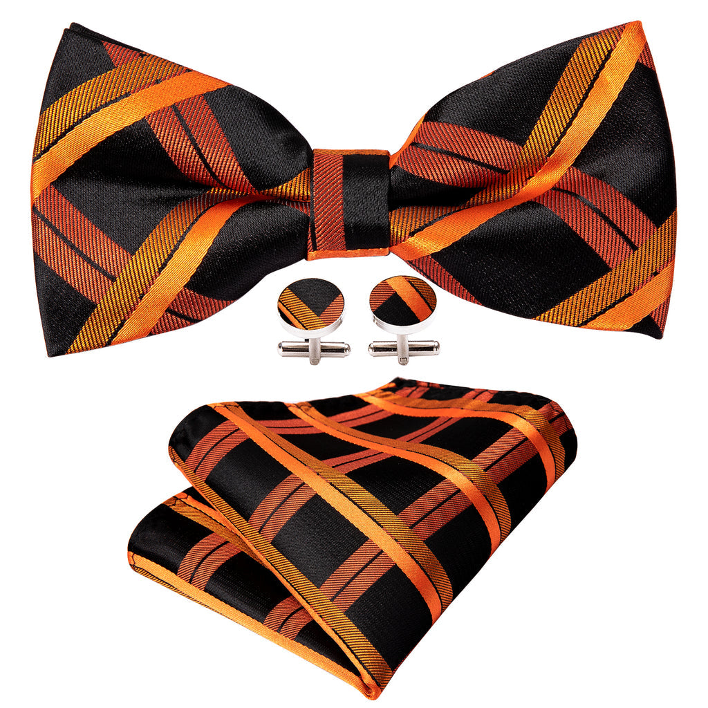 Black Orange Plaid Bow Tie Set - GentCrest - View 5