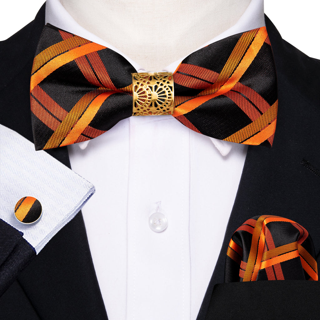 Black Orange Plaid Bow Tie Set - GentCrest - View 2