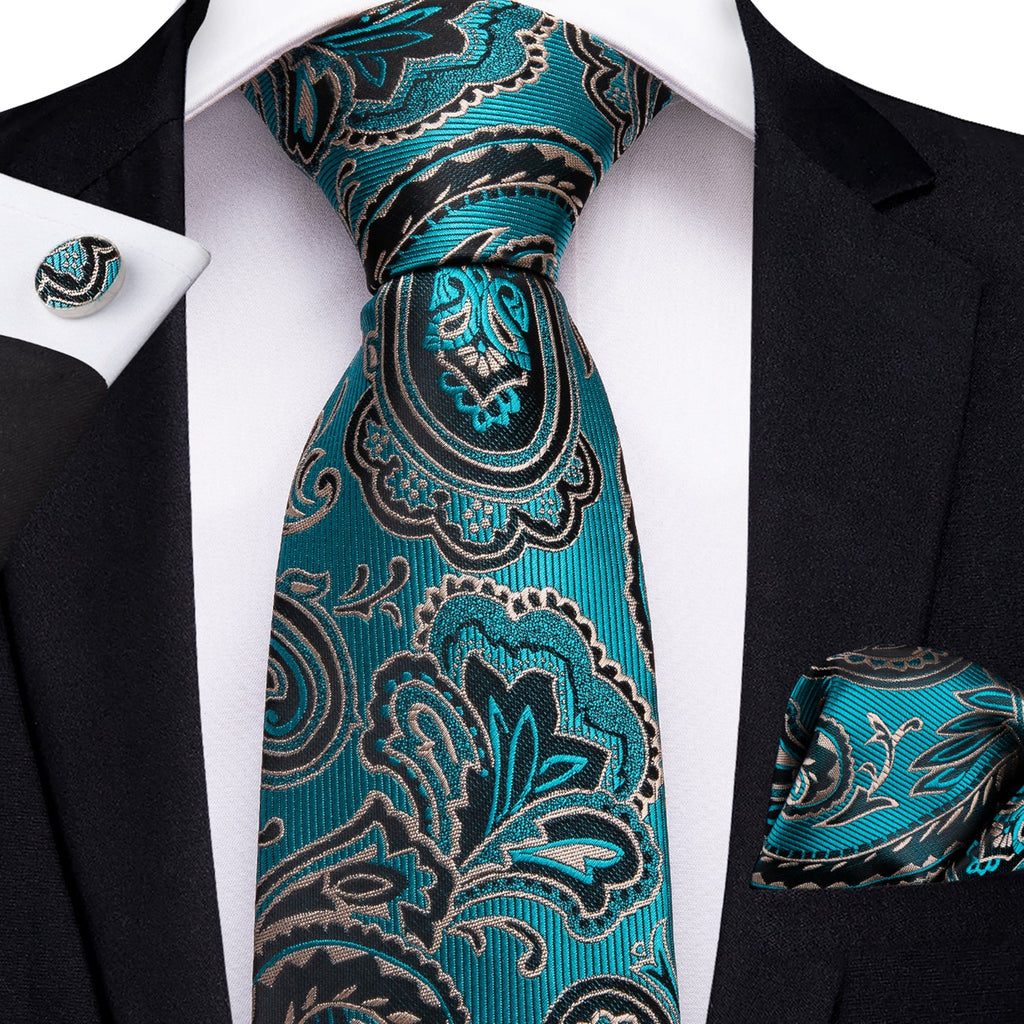 GentCrest Black Paisley Tie Hanky Cufflinks Set - Image 1