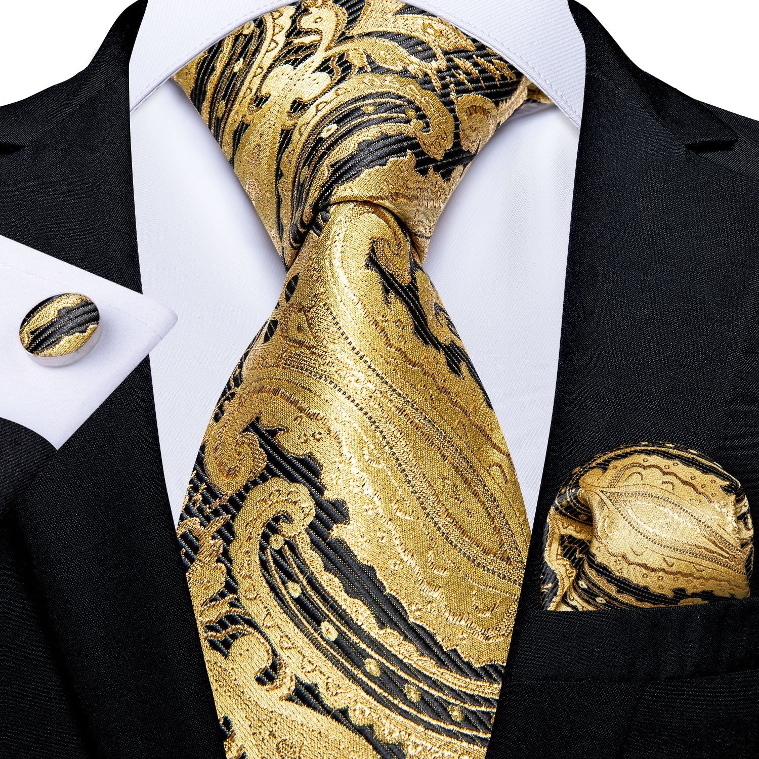 Golden and Black Paisley Silk Tie Set - GentCrest