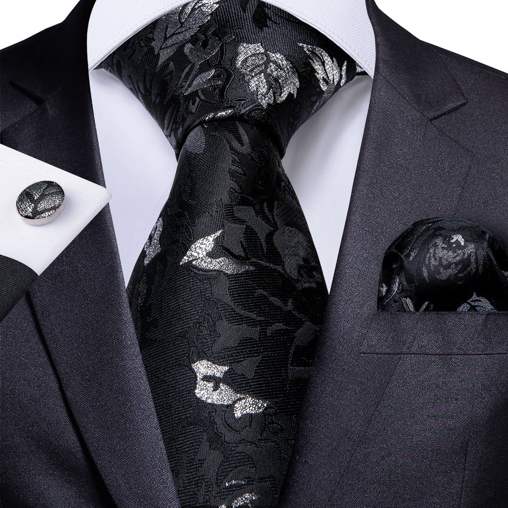 GentCrest Black Floral Tie Hanky Cufflinks Set - Image 1