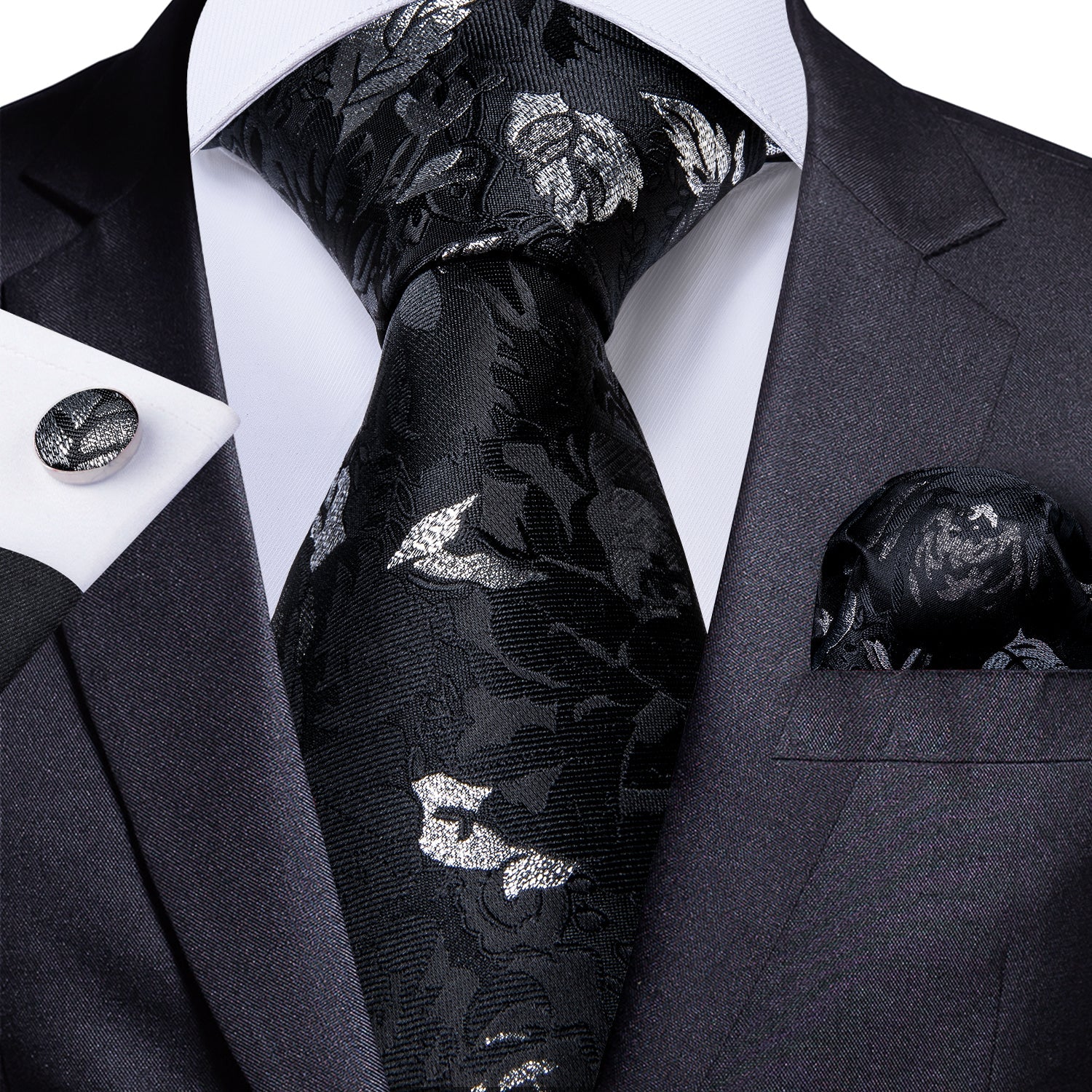 GentCrest Black Floral Tie Hanky Cufflinks Set - Image 1
