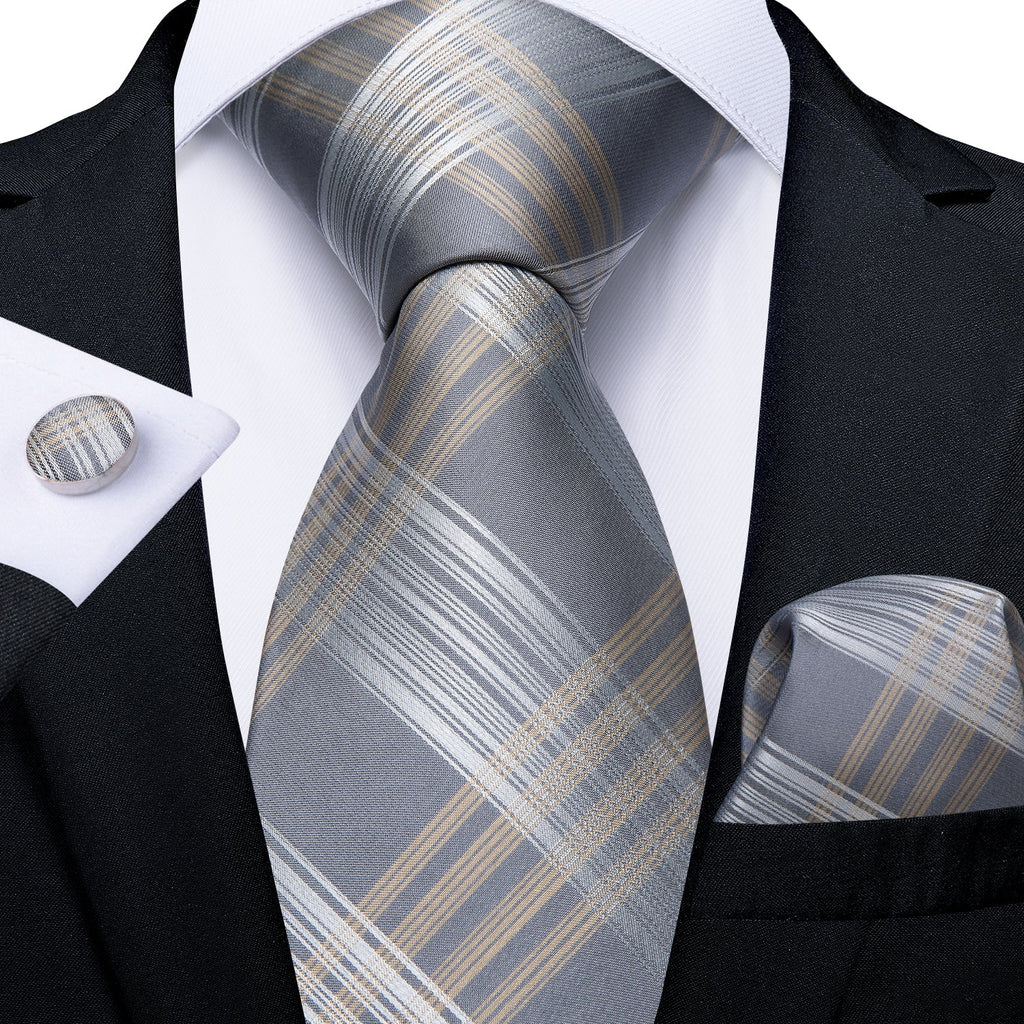 GentCrest Grey Plaid Tie Hanky Cufflinks Set - Image 1