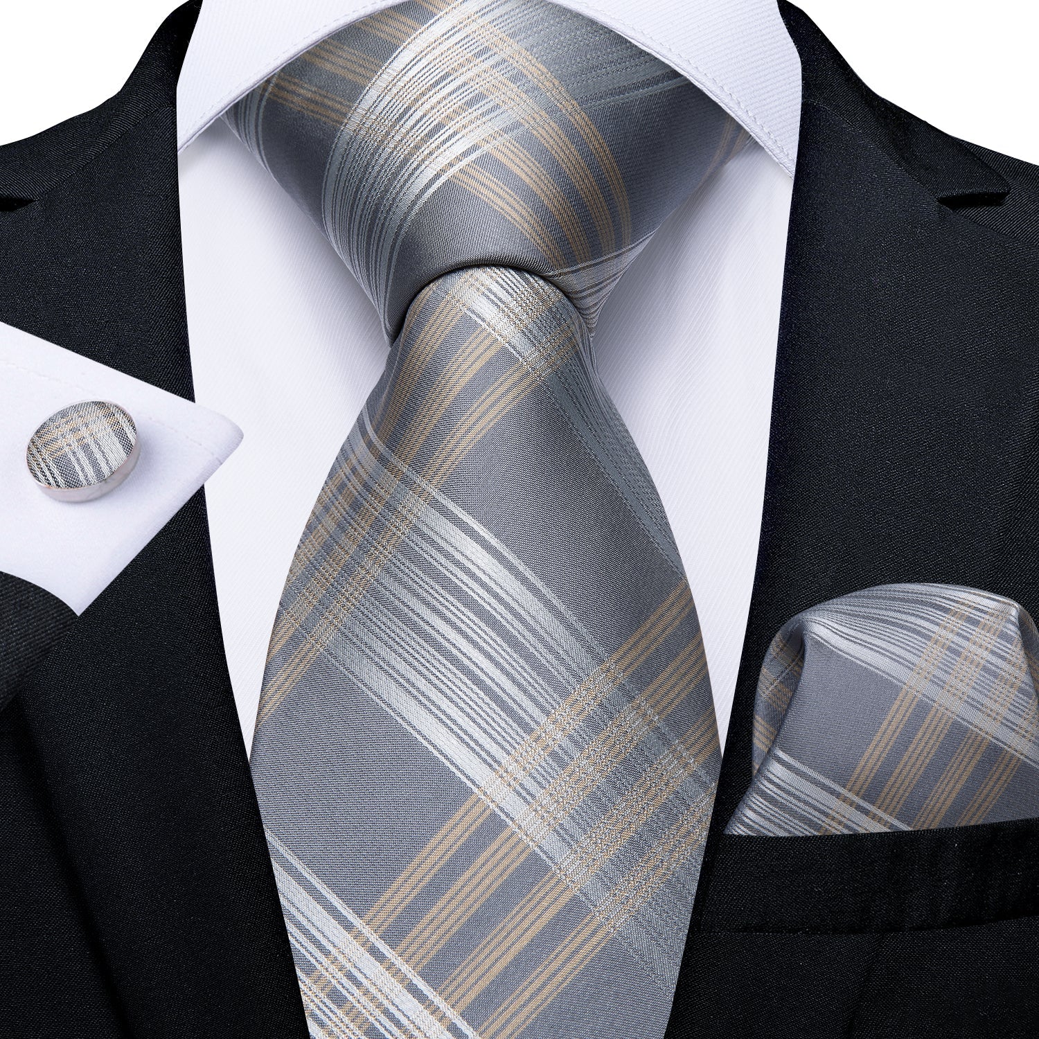 GentCrest Grey Plaid Tie Hanky Cufflinks Set - Image 1